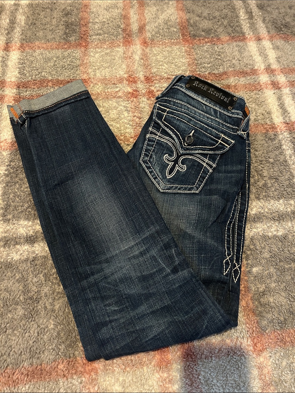 Rock Revival Dark Blue Embroidered Pocket Jeans Noelle Skinny Size 26